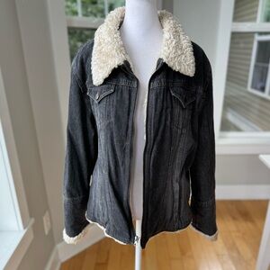 Vintage Baileys Point Black Denim Sherpa Trim Quilted Lining Jean Jacket Large